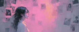 Digital illustration of a young woman with melancholic expression standing among crumbling photographs, featuring pastel and neon colors with dreamlike textures.