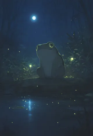 A close-up view of a frog with green eyes sitting by a pond at night, surrounded by glowing fireflies and illuminated by moonlight.