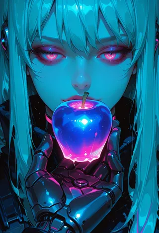 Closeup of a female character with glowing pink eyes holding a neon blue and pink apple in her glossy robotic hand, in a vivid cyberpunk style with blue lighting.