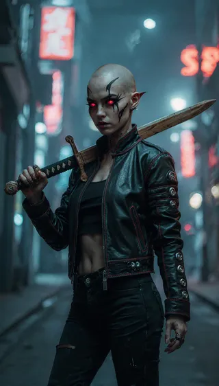 A bald woman with glowing red eyes and black tattoos on her face stands in a dimly lit alley at night wearing a black leather jacket with red stitching, holding a wooden sword on her shoulder.