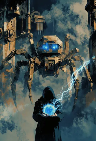 A dark figure holds a glowing blue energy core, powering a colossal brass mechanical spider in a foggy steampunk clockwork chamber with intense blue and bronze lighting.