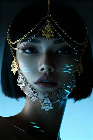 High-contrast digital portrait of a female model with sleek bob hair, adorned with ornate gold and silver Indonesian folklore jewelry chains on her face, set against a blue to black gradient background.