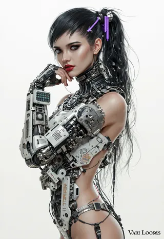 3D rendering of a woman cyborg with black high ponytail held by a purple clip, dark eyeliner, red lipstick, and a detailed robotic arm against a white background.