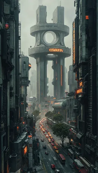 A tall industrial skyscraper with circular cutouts stands in a foggy futuristic cityscape, surrounded by modern buildings with orange lights and a busy street with many cars and greenery.