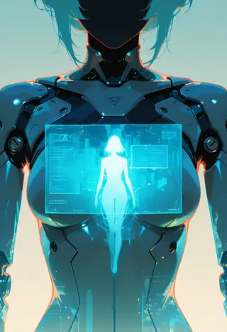 Close-up of an android with mechanical parts and a translucent see-through bodysuit, displaying a glowing blue holographic interface with a floating female silhouette.