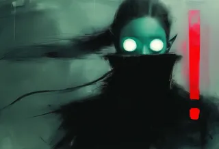 A sinister female elf floats weightlessly in an abstract dark painting with glowing white-turquoise eyes and a vivid red exclamation mark in the background.