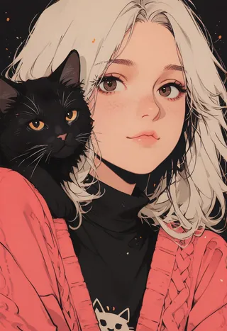 Close-up portrait of a girl with platinum hair and detailed eyes wearing a cozy knit turtleneck with cat print, holding a sleek black cat perched on her shoulder against a minimalist beige backdrop.