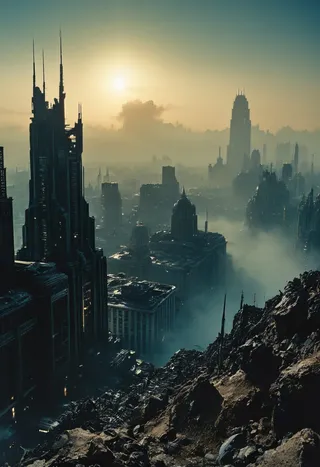 A dark, foggy alien landscape with towering onyx black sci-fi buildings, featuring bizarre sky-high pillars and atmospheric haze under a dim sun.