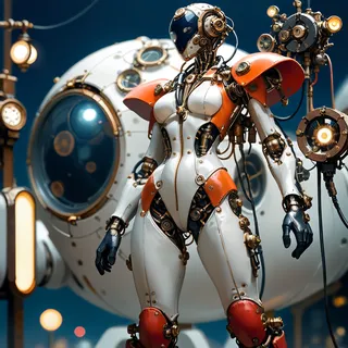 A full-body view of a female superhero robot in steampunk style with orange and white armor, mechanical parts, cables, and joints, standing on a ship at night with dim lighting and a large spherical machine in the background.