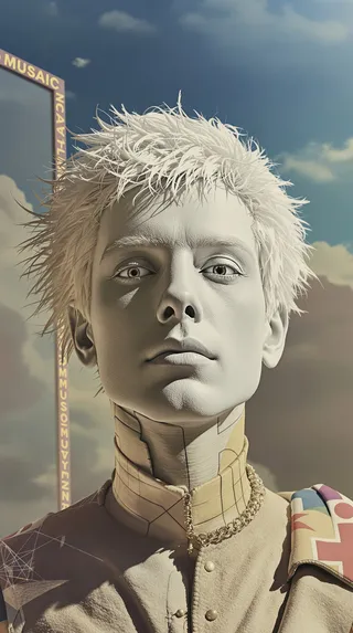 Detailed portrait of a white man with spiky white hair, wearing a beige jacket and gold chain, styled in a retro disco pop aesthetic against a cloudy sky backdrop.