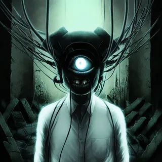 A one-eyed figure with glowing eye and sharp teeth, wearing a white shirt, connected to multiple cables, standing in dark, crumbling ruins.