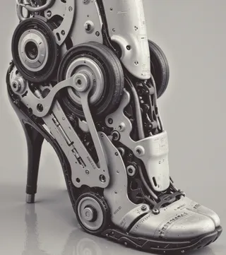 Close-up black and white image of a robotic high heel foot featuring intricate mechanical components including wheels, springs, and metallic panels.