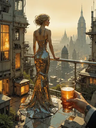 Blonde woman in a reflective mirror dress stands on a rooftop garden of a skyscraper overlooking a futuristic city at dusk, with a masculine tattooed hand holding a glass in the foreground.