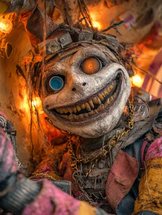 Extreme close-up of a moldy, half-shucked scarecrow animatronic fused with rusted carnival ride machinery, featuring a grotesque smile, one orange and one blue eye, wearing gold chains and blue sunglasses, surrounded by orange floodlights and decayed ornaments.