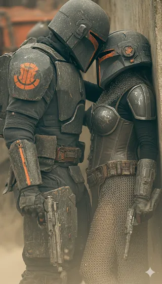 Two figures in detailed Mandalorian-style armor and helmets lean close together against a wall, each holding futuristic pistols, suggesting a sci-fi romance scene.