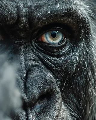 Close-up of a gorilla's face with dark textured skin, bright blue eyes, and water droplets highlighted by dramatic lighting.