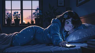 Girl lying on bed in a blue onesie reaching for a smartphone, lit by sunset through window with potted plants on sill in a dimly lit room
