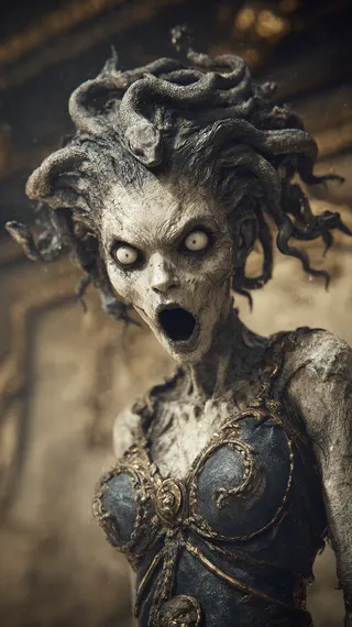 A terrifying Gorgon figure with snake-like hair and wide, staring eyes wearing dark ancient armor with golden ornate details.