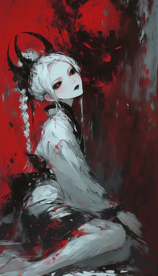 A pale-skinned girl with white braided hair, cyberpunk black horns, red eyes, black lipstick, wearing a kimono, kneeling against a deep red abstract background with dark brushstrokes.
