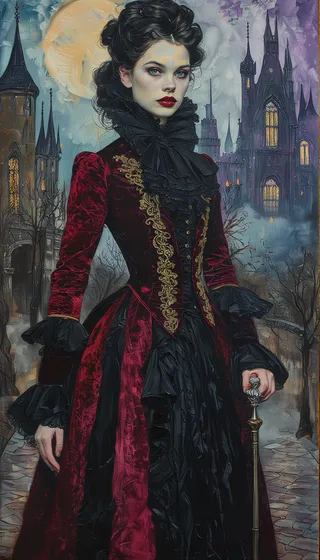 Oil painting of a young vampire noblewoman in Victorian crimson velvet coat and black dress, standing before a gothic castle at twilight with a moody violet sky and full moon.