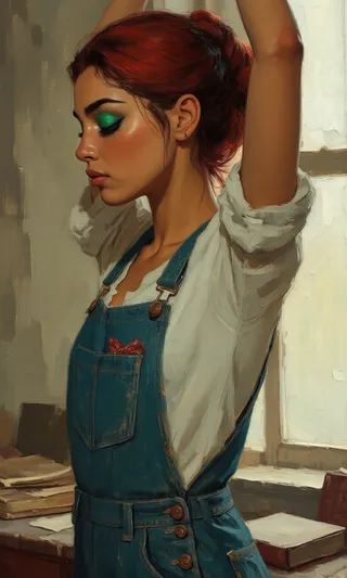 Oil painting of a Mexican young adult woman in profile with red hair in a messy bun, emerald green eyes with bold eyeliner, wearing denim overalls and white shirt, stretching with arms raised in a dusty attic with books.