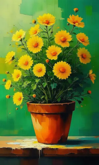 Painting of a flower pot with vibrant yellow flowers sitting on a table against a green background.