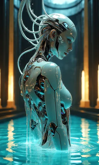 A cybernetic figure with pearlescent skin and glowing cables emerging from a pool of shimmering liquid light inside a futuristic temple with glowing golden columns.