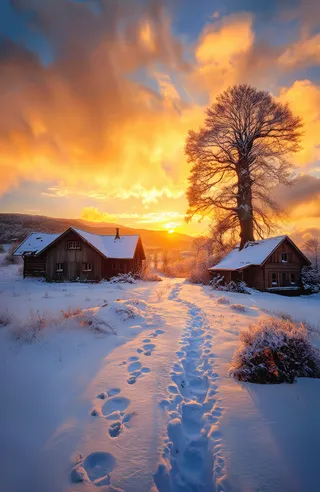 Snowy countryside landscape at sunset with warm golden light, two wooden houses with snow-covered roofs, tall snow-covered tree, and a path of footprints leading to the houses.