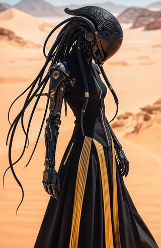 Futuristic alien-like humanoid figure with sleek black helmet and mechanical arms, dressed in black and gold, standing in a desert with sand dunes background.