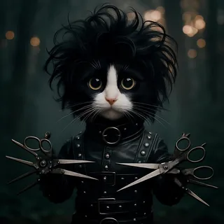 Black and white cat with wild messy hair, wearing a studded leather jacket and metallic scissorhands, standing against a misty, softly lit forest background.
