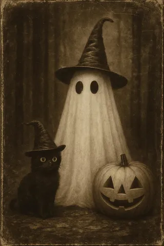 A vintage photograph showing a ghost with a witch hat standing beside a black cat also wearing a witch hat, and a carved jack-o'-lantern pumpkin in an eerie forest setting.