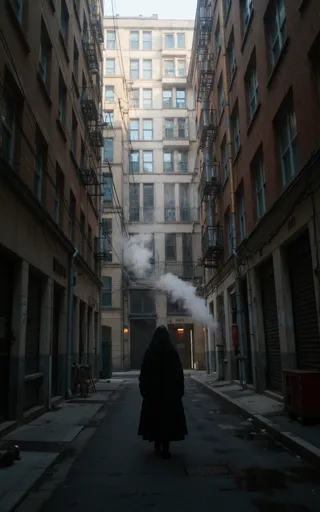 A mysterious figure wearing a full black cloak walking through a narrow back alley between tall urban buildings with steam leaking and dim, night-time lighting.