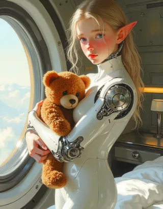 A teen elf android girl with blond hair and blue eyes, wearing a sleek white futuristic suit with intricate mechanical arm details, hugging a brown teddy bear inside a well-lit spaceship bedroom near a round window showing clouds outside.