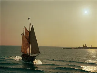 An ancient wooden sailing boat on the ocean with sails unfurled, sailing towards the horizon where the Lighthouse of Alexandria stands, illuminated by dramatic sunset lighting.