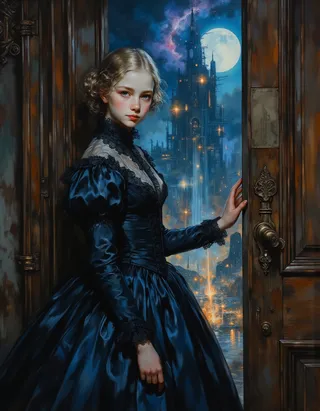 A young woman in an immaculate dark blue Victorian gown with intricate lace stands at an open ornate wooden door, revealing a glowing futuristic city beneath a full moon.