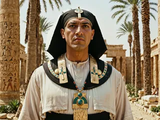 Strict-faced Ancient Egyptian priest wearing traditional priest clothing and ceremonial jewelry, standing with tall posture at an Egyptian temple surrounded by hieroglyph-covered columns and palm trees under bright daylight.