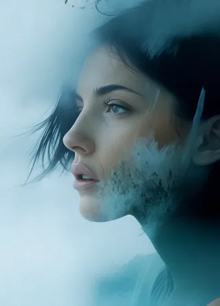 Close-up portrait of a woman with dark hair featuring a double exposure effect blending misty mountains and sea in a cinematic and surreal style.