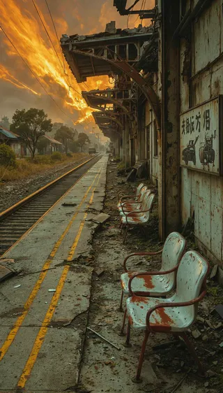 Rusty metal chairs lined up along a cracked concrete train track at an abandoned train station with a fiery orange sky and dilapidated structure in the background.