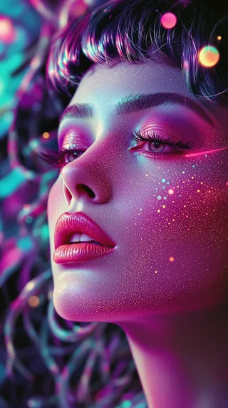 Close-up of a white woman’s face with vibrant retro disco pop colors and detailed makeup, representing a pop album cover titled 'S.O.S.' by artist MUSAIC.