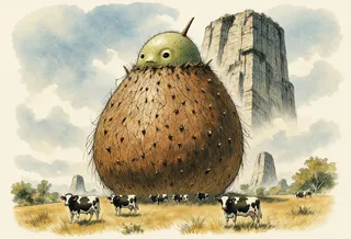 A gigantic oval-shaped ancient god figure covered in brown fur with a small tardigrade-like head towering over a yellow grass field where cows peacefully graze, with rocky formations in the background under a calm cloudy sky.