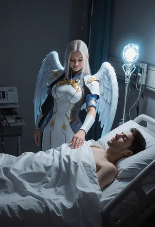 Mercy from Overwatch standing beside a hospital bed, wings spread, gently touching a covered patient in a dimly lit room with medical equipment.