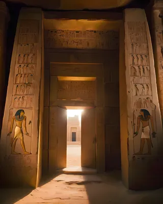 Stone entrance to an Egyptian tomb adorned with detailed hieroglyphs and figures, flanked by painted columns, with golden doors opening to an ancient passage illuminated by sunlight beams.