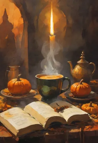 A still life featuring a steaming cup of coffee surrounded by small pumpkins, an open book, a lit candle, and occult-themed objects in a dimly lit autumnal setting.