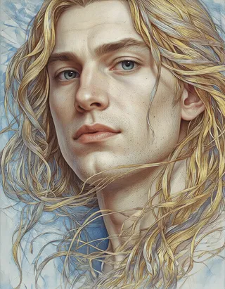 Close-up realistic digital painting of a man with blond hair and blue eyes, created in the chiakiro style with a contemplative expression against a blue and beige textured background.