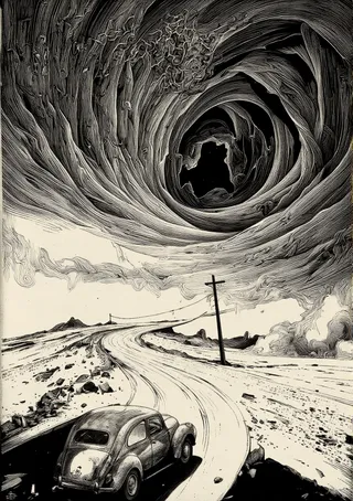 Black and white engraving of a vintage car driving on a winding road beneath a large swirling vortex of smoke and debris in an ominous sky.
