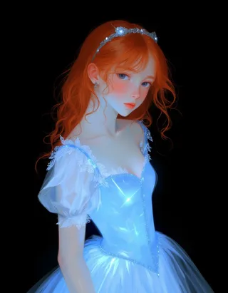 Digital painting of a pale princess with red hair and blue glowing BioInk corseted dress, wearing a silver circlet against a black background.