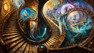 A mesmerizing spiraling staircase made of ancient and futuristic materials ascends into a surreal, dreamlike dimension with floating islands and a vortex sky.