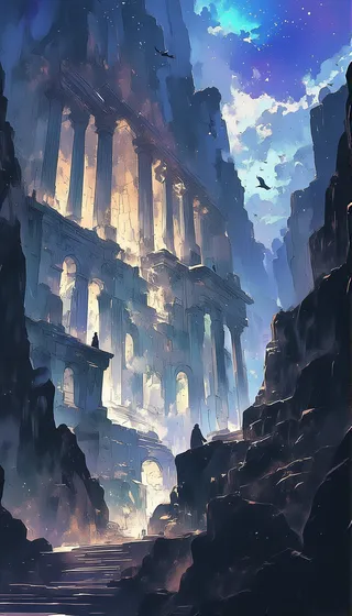 A majestic castle with grand classical columns and arches nestled between towering mountains under a starry sky, illuminated by warm interior light and cool shadows.