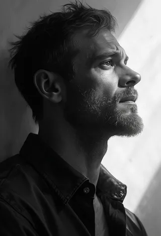 Black and white high-definition portrait of a handsome man with a beard, captured in strong contrast shading and shadow, showcasing minimalist beauty with sharp edges and serene expression.