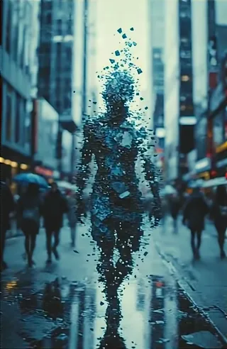 Distorted humanoid figure made of shattered glass and metal fragments standing on a rainy city street with tall buildings and blurred pedestrians in the background.